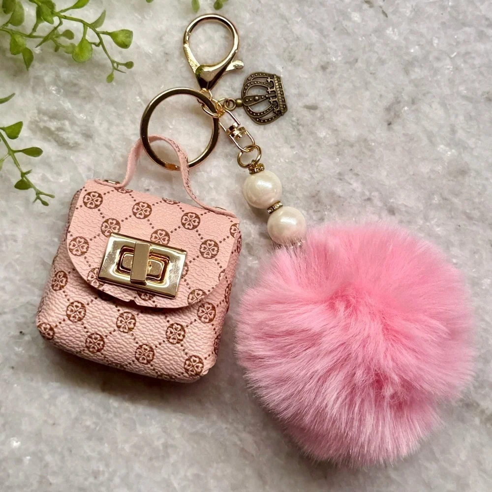 New Pink Faux Leather Mini Bag Purse Charm Keychain w/ Crown Charm & Pom Pom